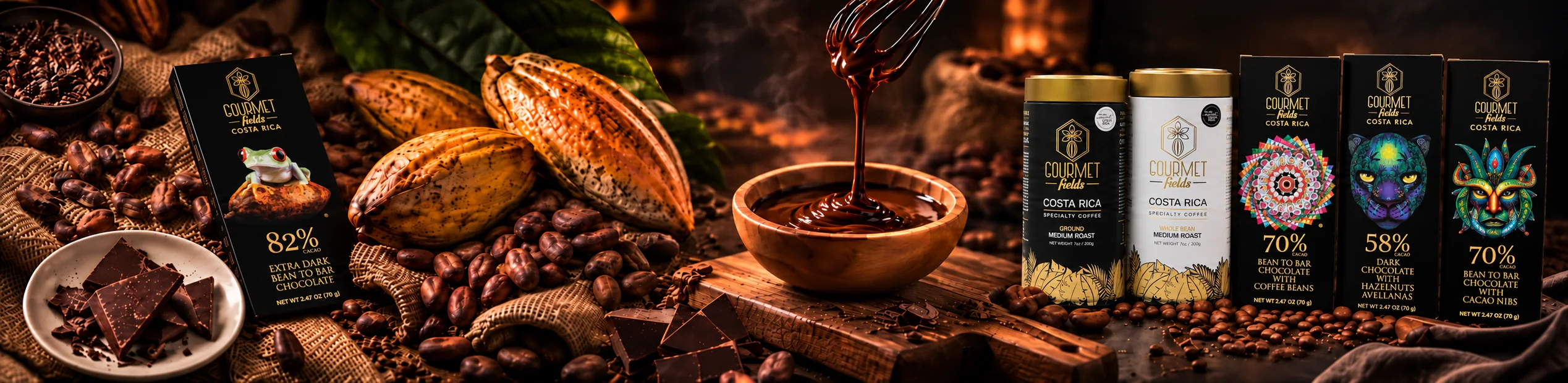 Gourmet Fields bean-to-bar chocolate and Costa Rica specialty coffee: cacao pods, melted chocolate, coffee tins and chocolate bars