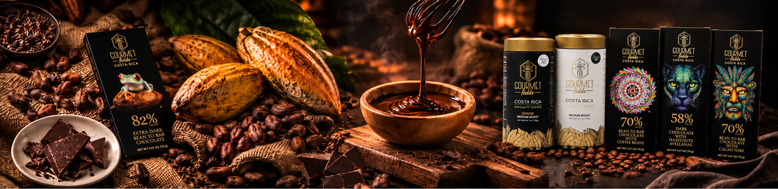 Gourmet Fields bean-to-bar chocolate and Costa Rica specialty coffee: cacao pods, melted chocolate, coffee tins and chocolate bars