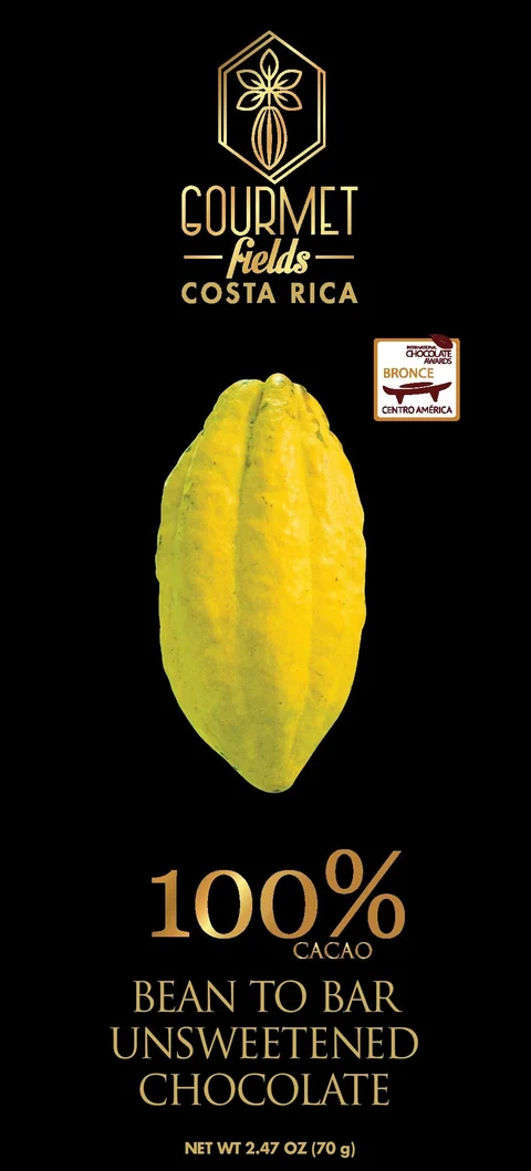 Gourmet Fields 100% cacao chocolate bar unsweetened, cacao pod illustration, made in Costa Rica