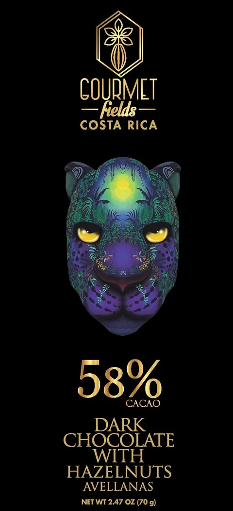 Gourmet Fields 58% cacao chocolate bar with hazelnuts, jaguar illustration, made in Costa Rica