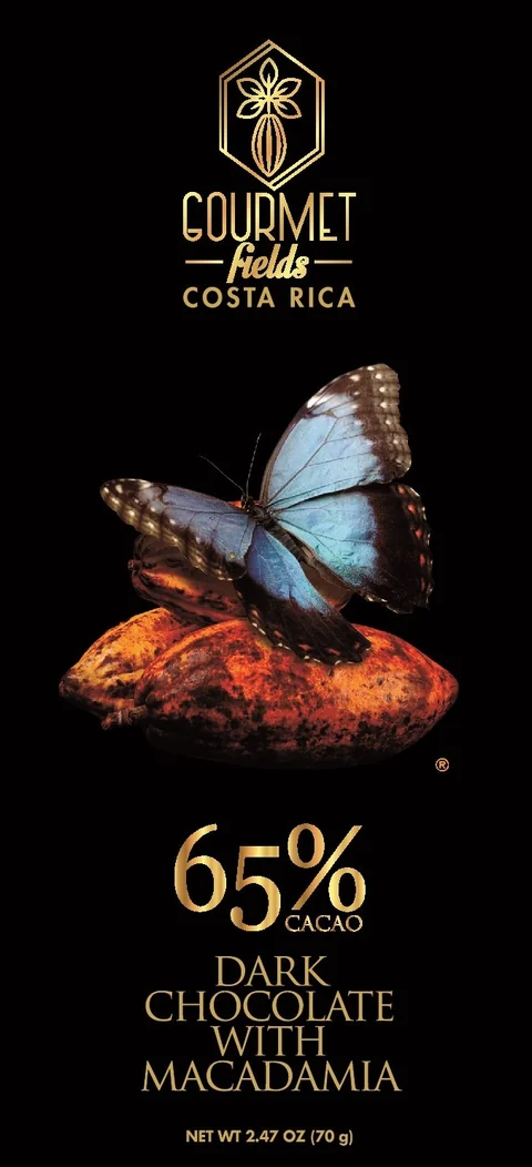 Gourmet Fields 65% cacao chocolate bar with macadamia, blue morpho butterfly illustration, made in Costa Rica