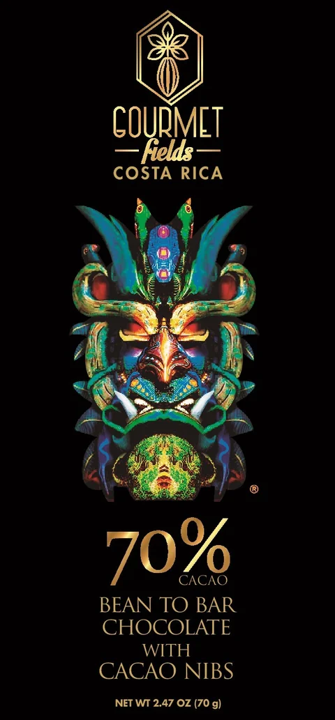 Gourmet Fields 70% cacao chocolate bar with cacao nibs, traditional mask illustration, made in Costa Rica