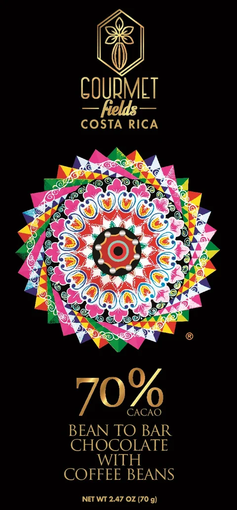 Gourmet Fields 70% cacao chocolate bar with coffee beans, oxcart mandala illustration, made in Costa Rica