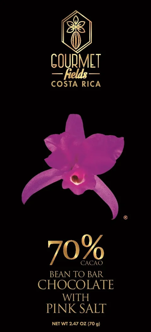 Gourmet Fields 70% cacao chocolate bar with pink salt, orchid illustration, made in Costa Rica