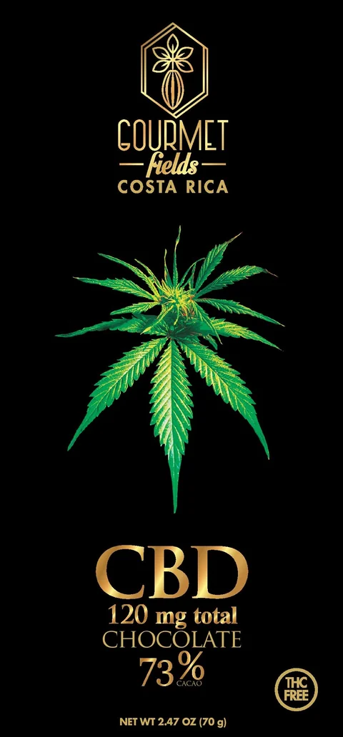 Gourmet Fields 73% cacao chocolate bar with cbd, hemp leaf illustration, made in Costa Rica