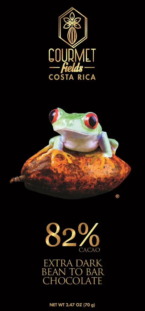 Gourmet Fields 82% cacao chocolate bar extra dark, red-eyed tree frog illustration, made in Costa Rica